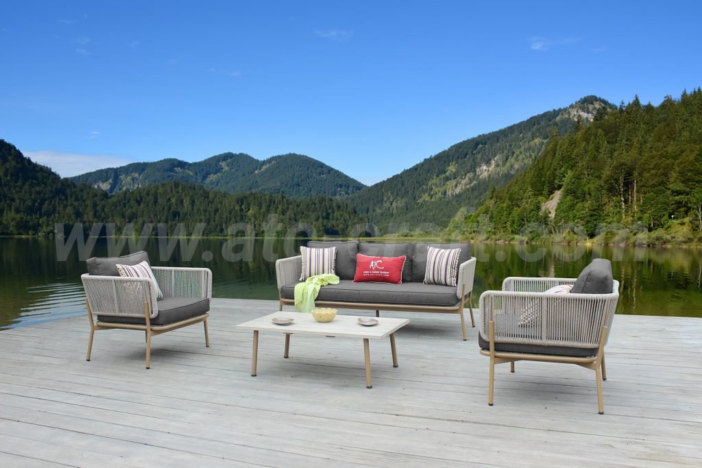 Leisure Outdoor Rope Aluminum Frame Sofa Set Wooden Top Table