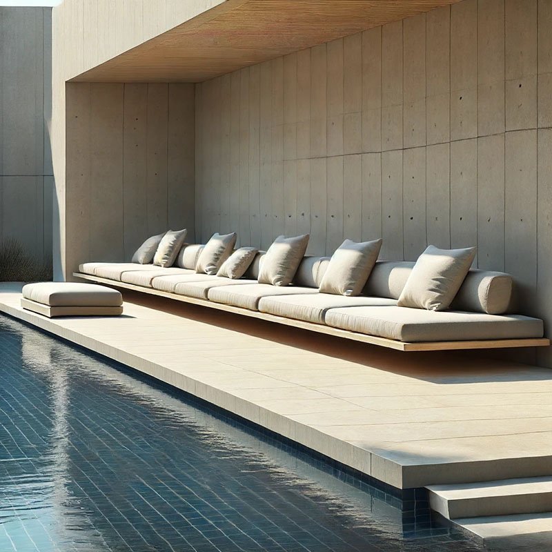 Long sofa bench on elevated concrete seating along swimming pool