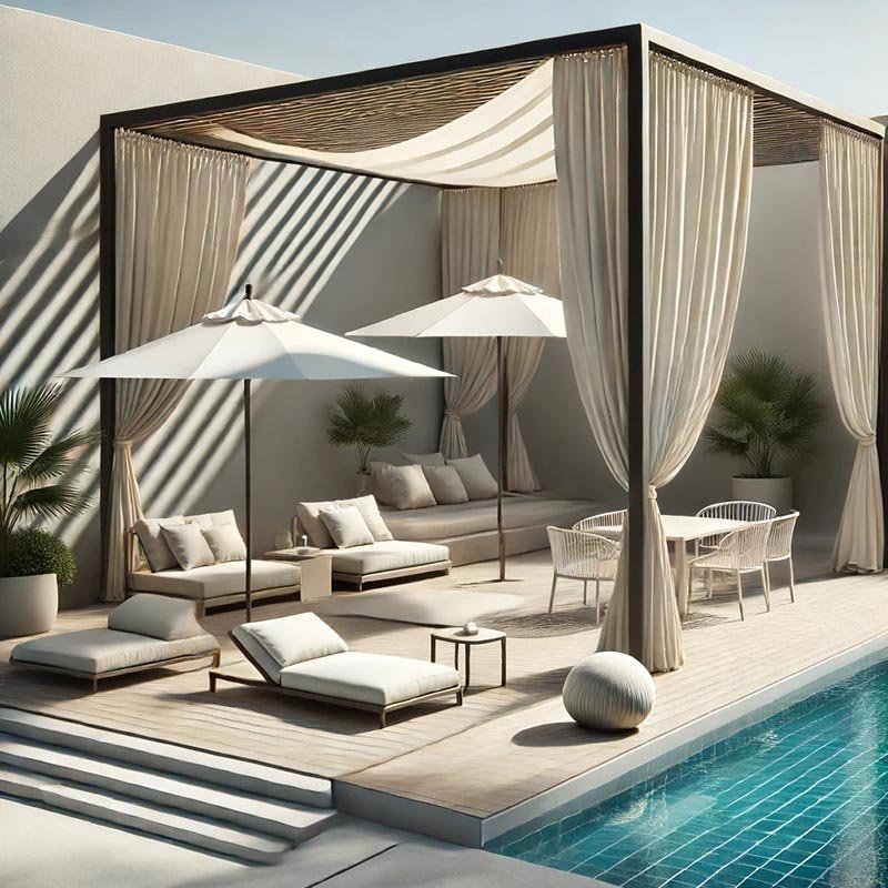 Umbrellas and pergolas complement the pool patio