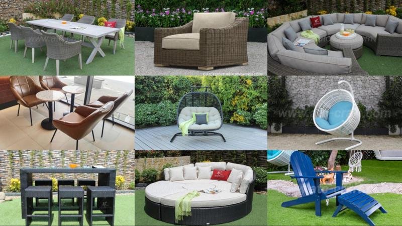 Collage of various outdoor furniture sets, including dining tables, lounge chairs, hanging chairs, and a round daybed, showcasing stylish and comfortable patio options