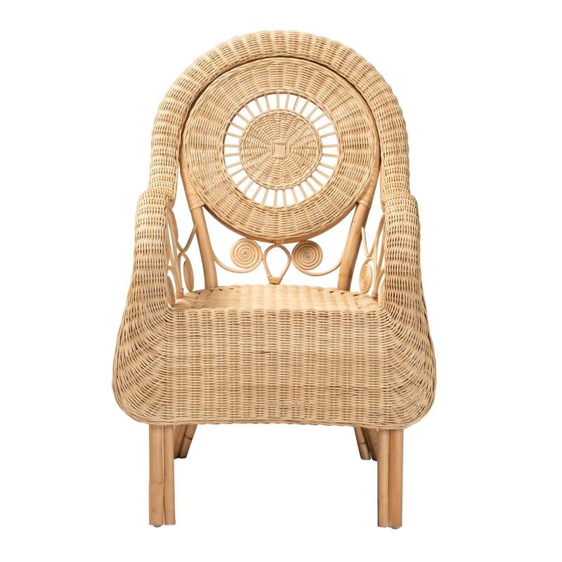 A beautifully crafted natural rattan chair with intricate circular designs on the backrest, showcasing traditional wicker weaving techniques ideal for indoor or outdoor use